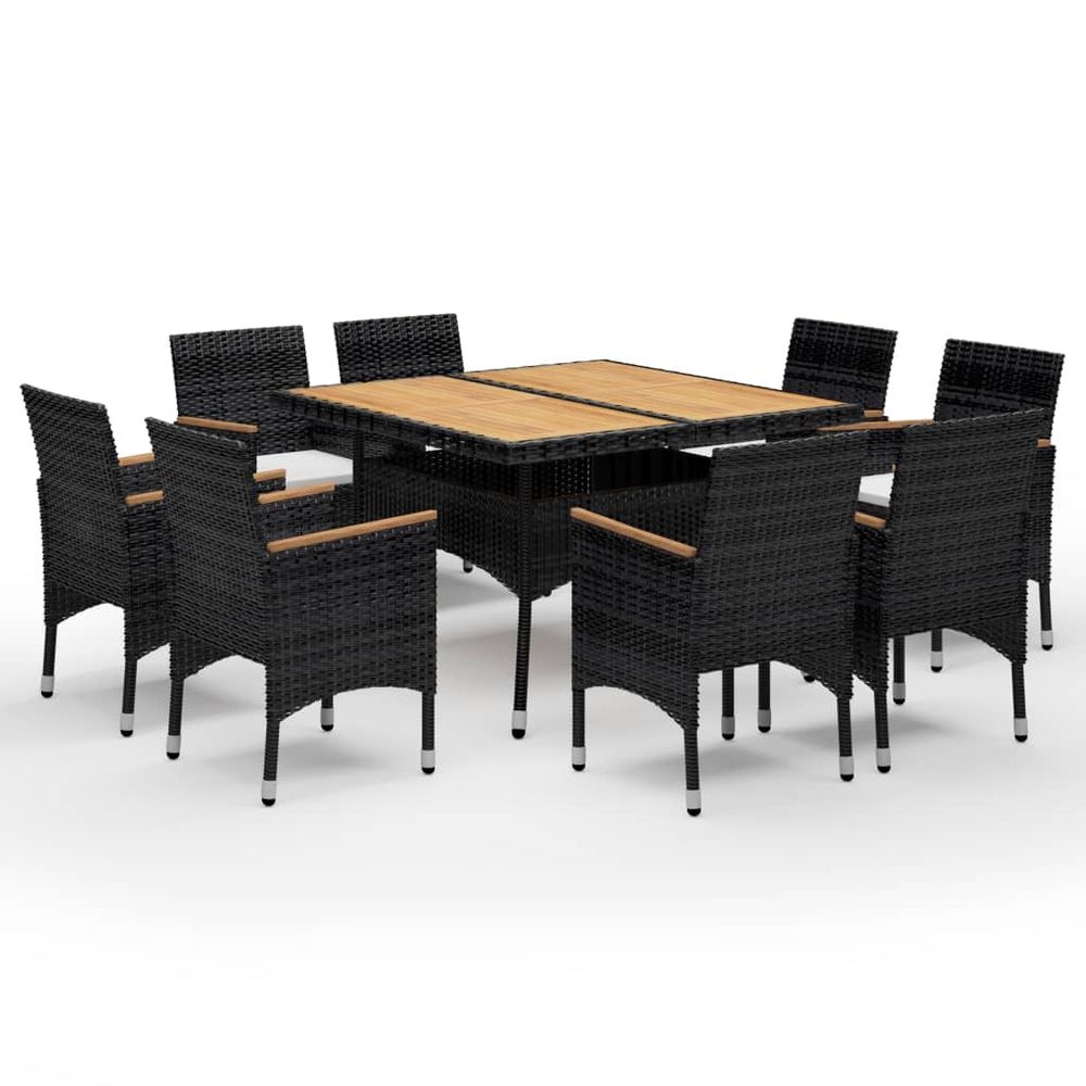 9 Piece Garden Dining Set Poly Rattan and Solid Wood Black - SILVIONIX