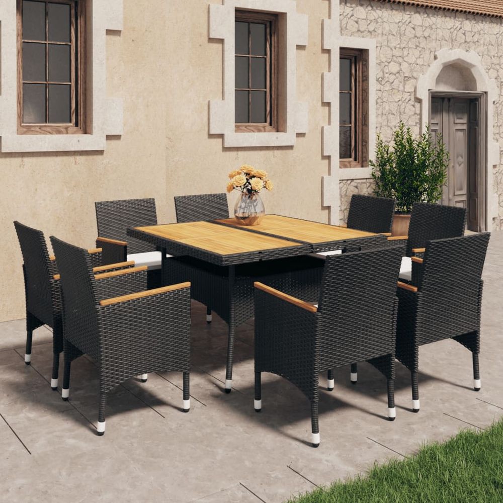 9 Piece Garden Dining Set Poly Rattan and Solid Wood Black - SILVIONIX