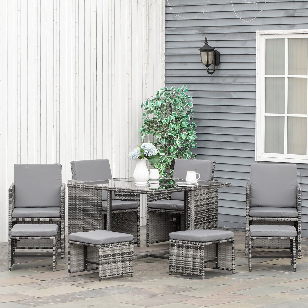 9PC Rattan Garden Furniture Outdoor Patio Dining Table Set Wicker 8 Seater Stool - SILVIONIX