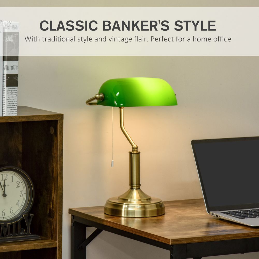 Banker's Table Lamp Desk Lamp w/Antique Bronze Base, Glass Shade and Pull Rope - SILVIONIX