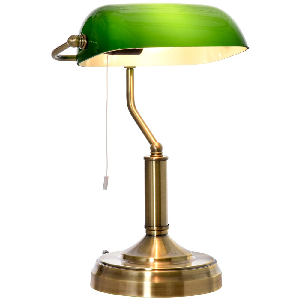 Banker's Table Lamp Desk Lamp w/Antique Bronze Base, Glass Shade and Pull Rope - SILVIONIX