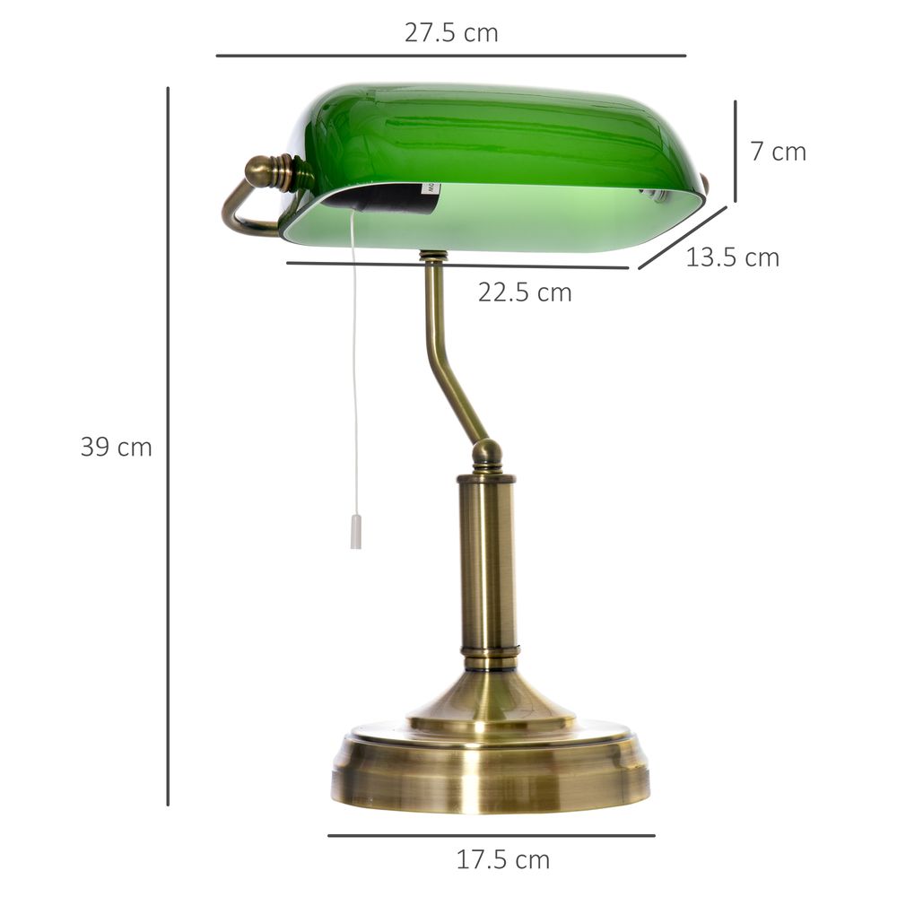 Banker's Table Lamp Desk Lamp w/Antique Bronze Base, Glass Shade and Pull Rope - SILVIONIX