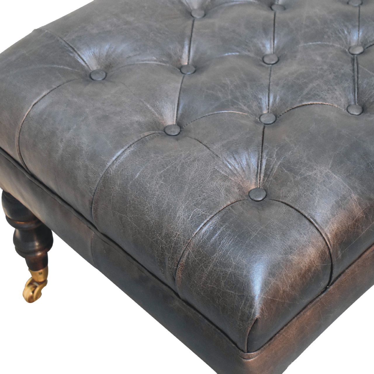 Buffalo Ash Black Leather Ottoman with Castor Legs - SILVIONIX