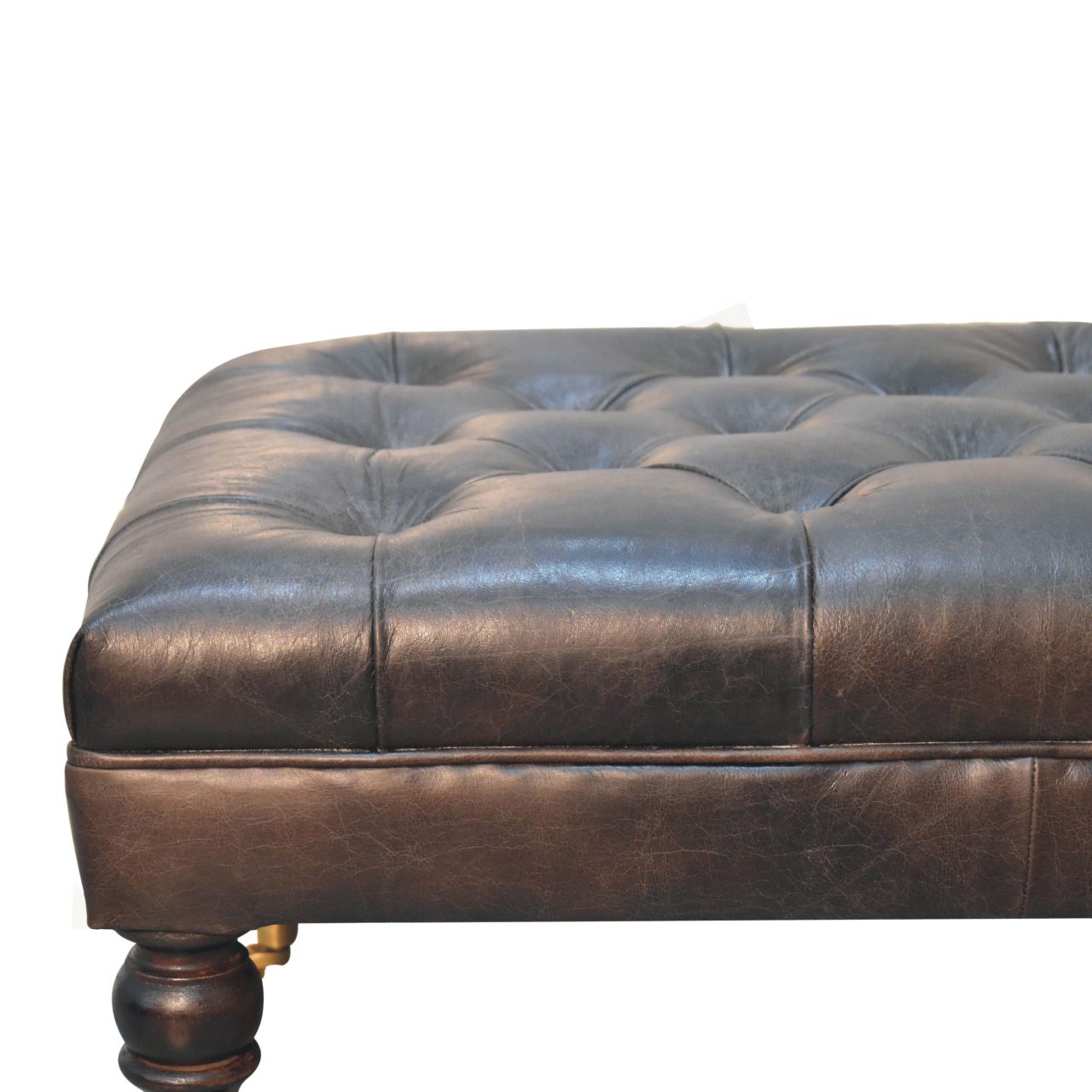 Buffalo Ash Black Leather Ottoman with Castor Legs - SILVIONIX