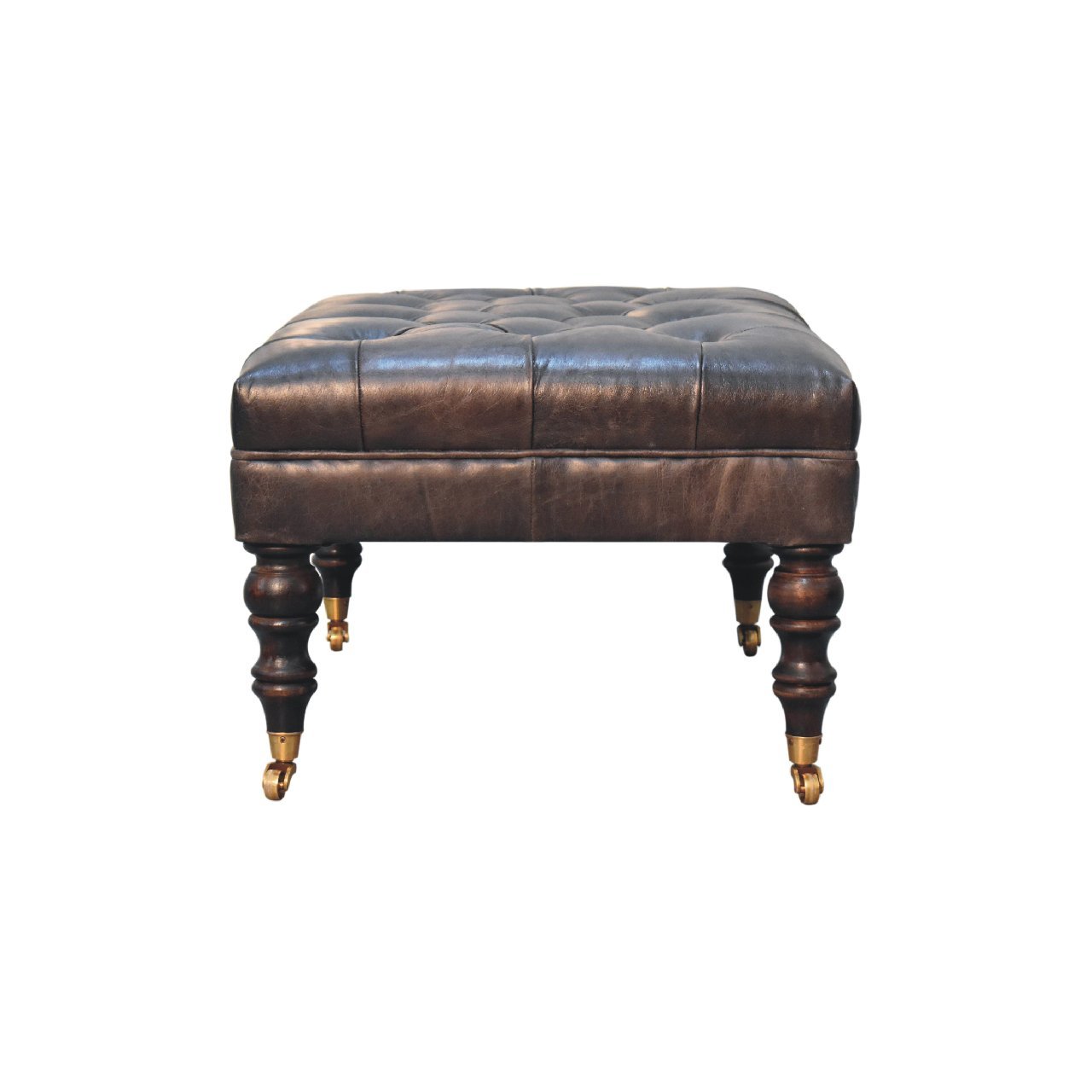 Buffalo Ash Black Leather Ottoman with Castor Legs - SILVIONIX