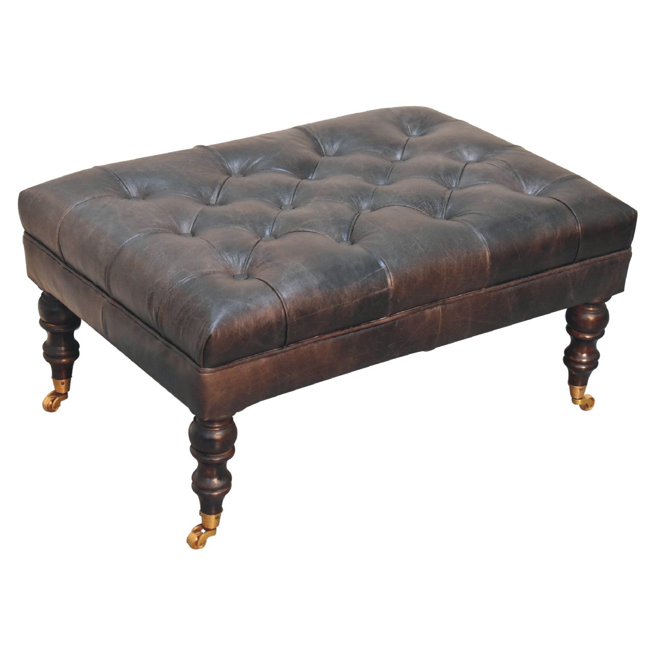 Buffalo Ash Black Leather Ottoman with Castor Legs - SILVIONIX