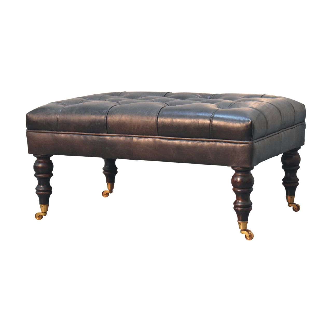 Buffalo Ash Black Leather Ottoman with Castor Legs - SILVIONIX