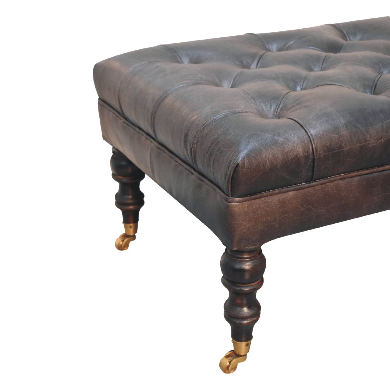 Buffalo Ash Black Leather Ottoman with Castor Legs - SILVIONIX