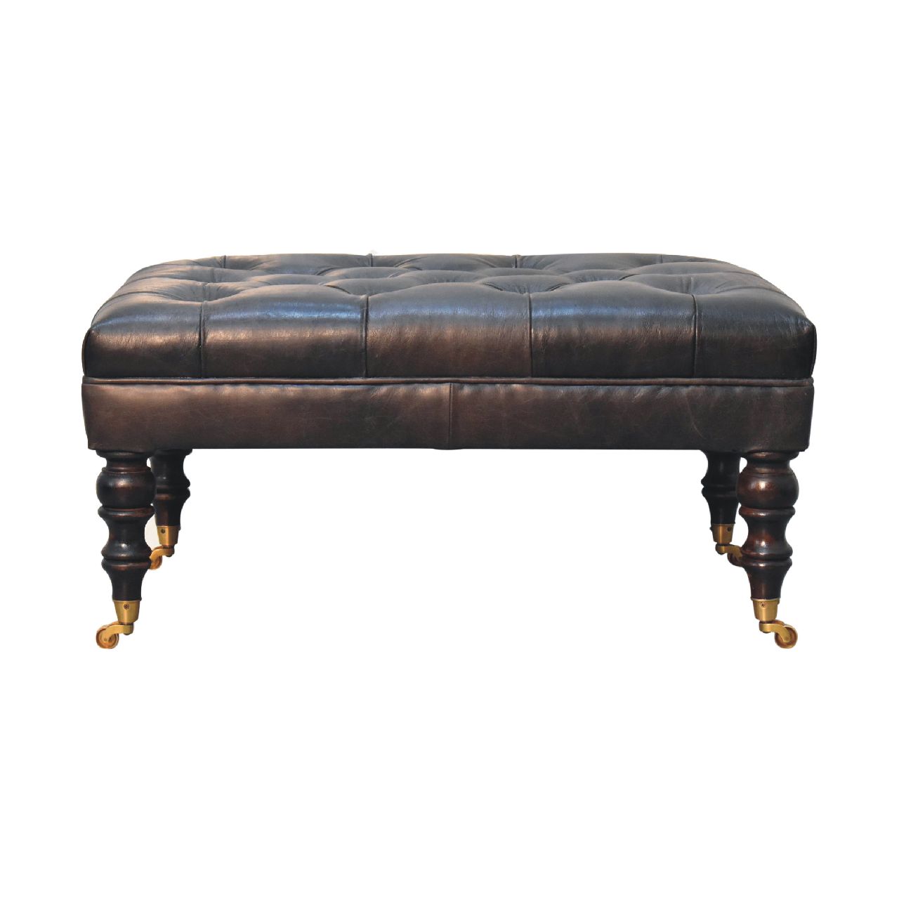 Buffalo Ash Black Leather Ottoman with Castor Legs - SILVIONIX