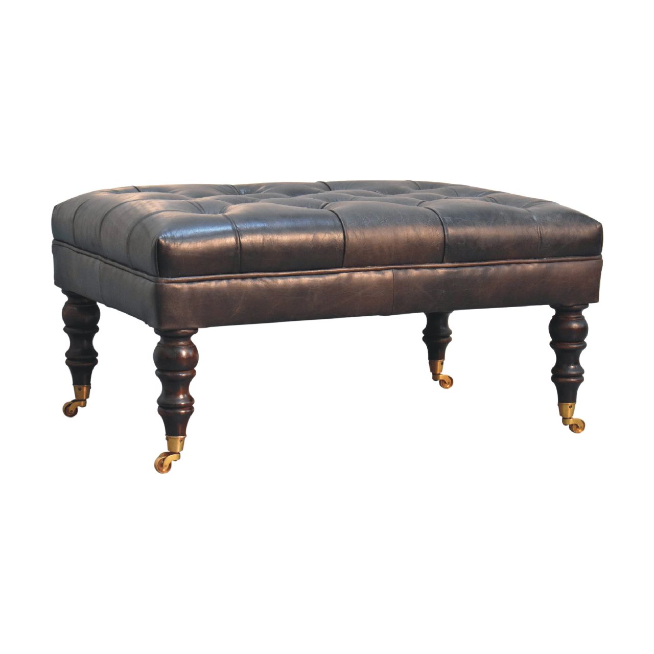 Buffalo Ash Black Leather Ottoman with Castor Legs - SILVIONIX