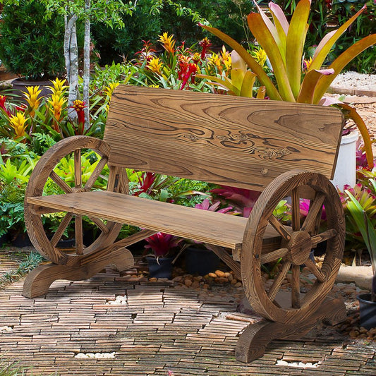 Fir Wood 2 - Seater Outdoor Garden Wagon Wheel Bench - SILVIONIX