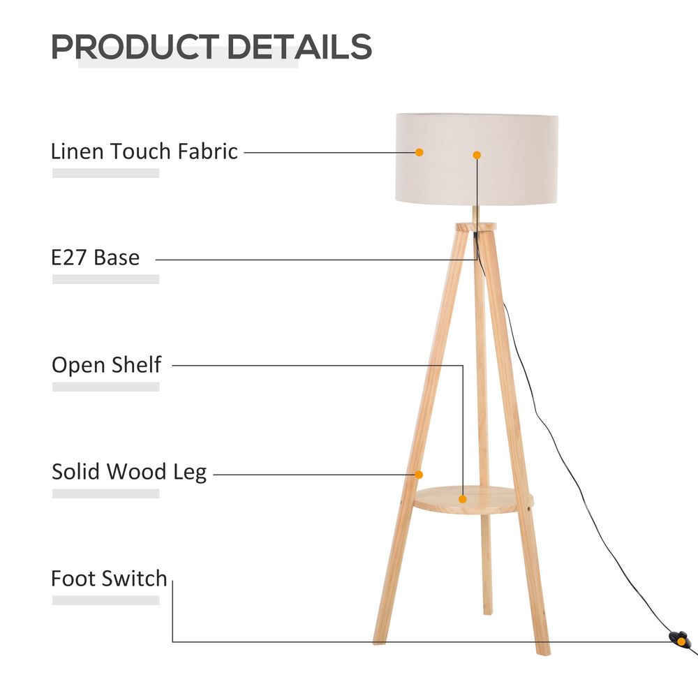 Floor Lamp, 154H cm - Beige/Natural Wood Colour - SILVIONIX