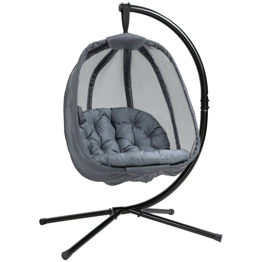 Folding Hanging Egg Chair w/ Cushion and Stand Grey - SILVIONIX