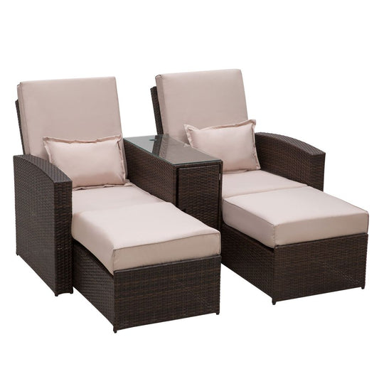 Garden Double Rattan Sun Lounger Sofa Recliner Wicker Patio Brown - SILVIONIX