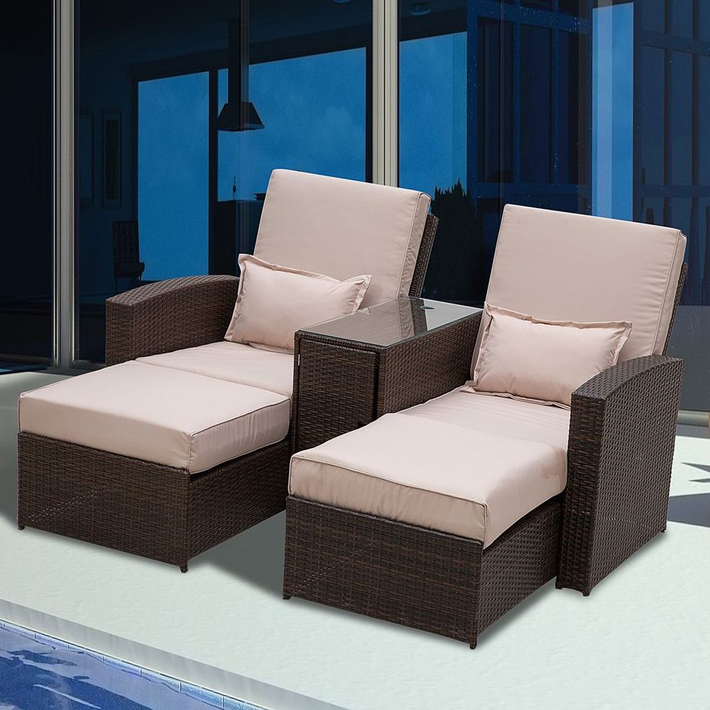 Garden Double Rattan Sun Lounger Sofa Recliner Wicker Patio Brown - SILVIONIX