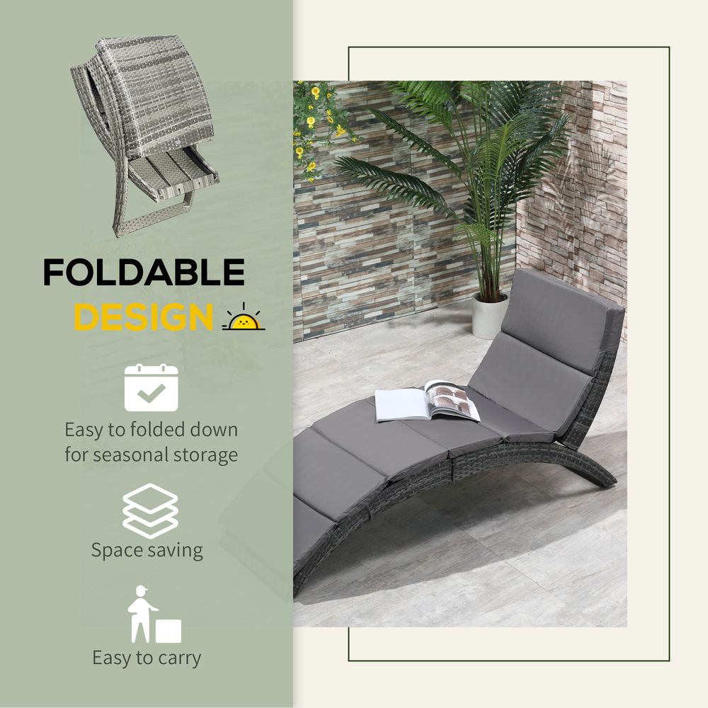 Garden Patio Rattan Wicker Folding Sun Lounger Cushion Grey - SILVIONIX