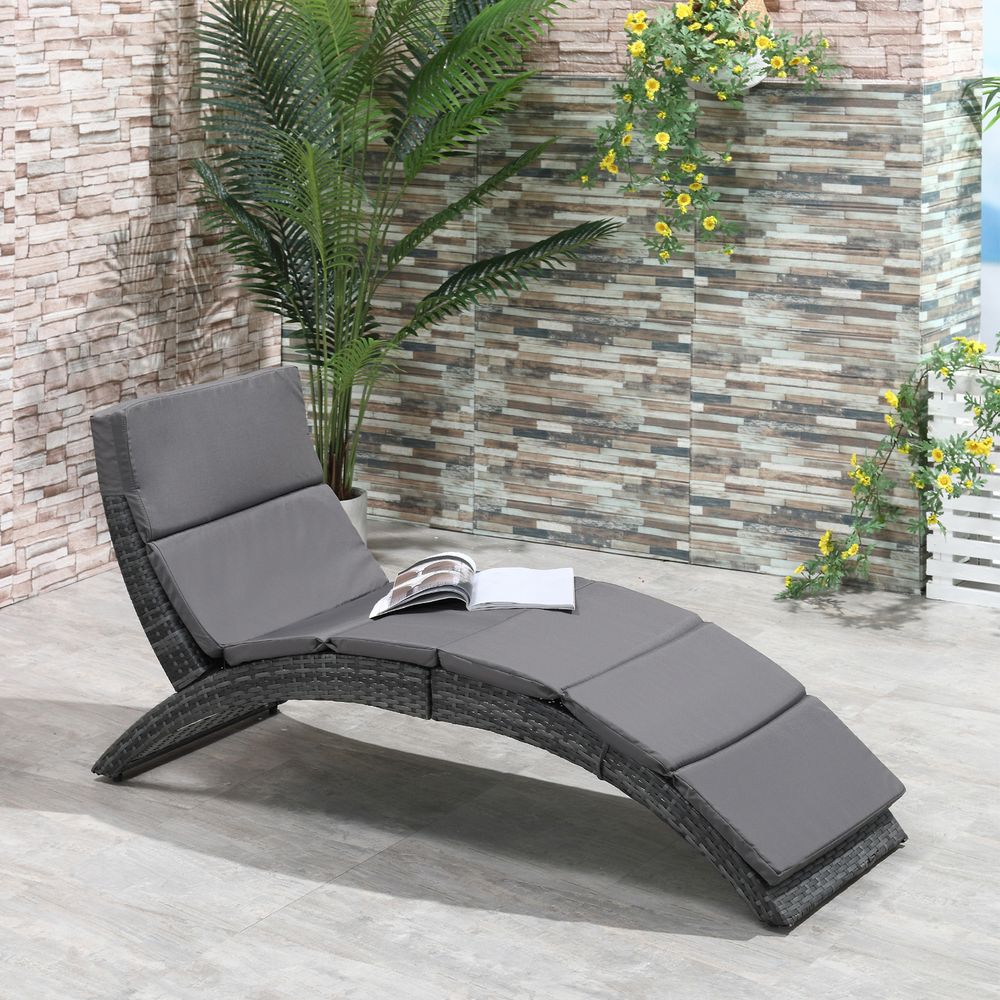 Garden Patio Rattan Wicker Folding Sun Lounger Cushion Grey - SILVIONIX