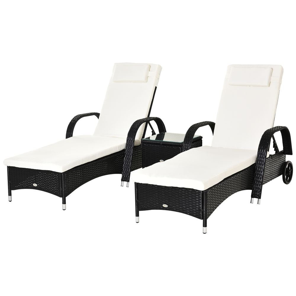 Garden Rattan Furniture 3 PC Sun Lounger Recliner Set & Side Table Patio Wicker - SILVIONIX