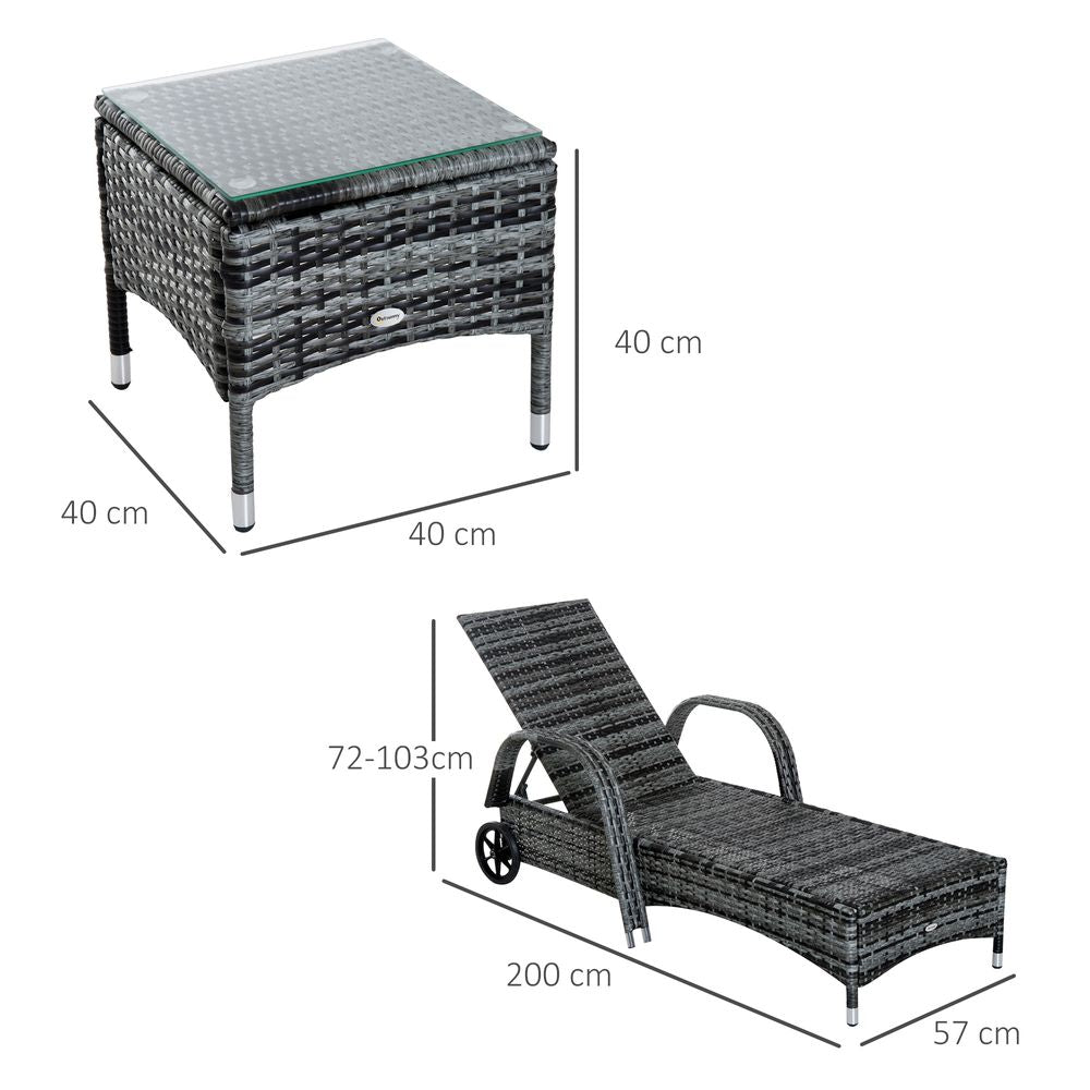 Garden Rattan Furniture 3 PC Sun Lounger Recliner Set & Side Table Patio Wicker - SILVIONIX