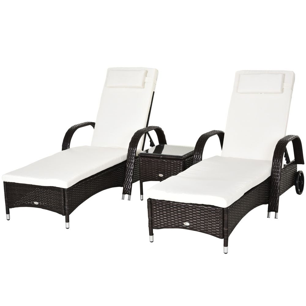 Garden Rattan Furniture 3 PC Sun Lounger Recliner Set & Side Table Patio Wicker - SILVIONIX