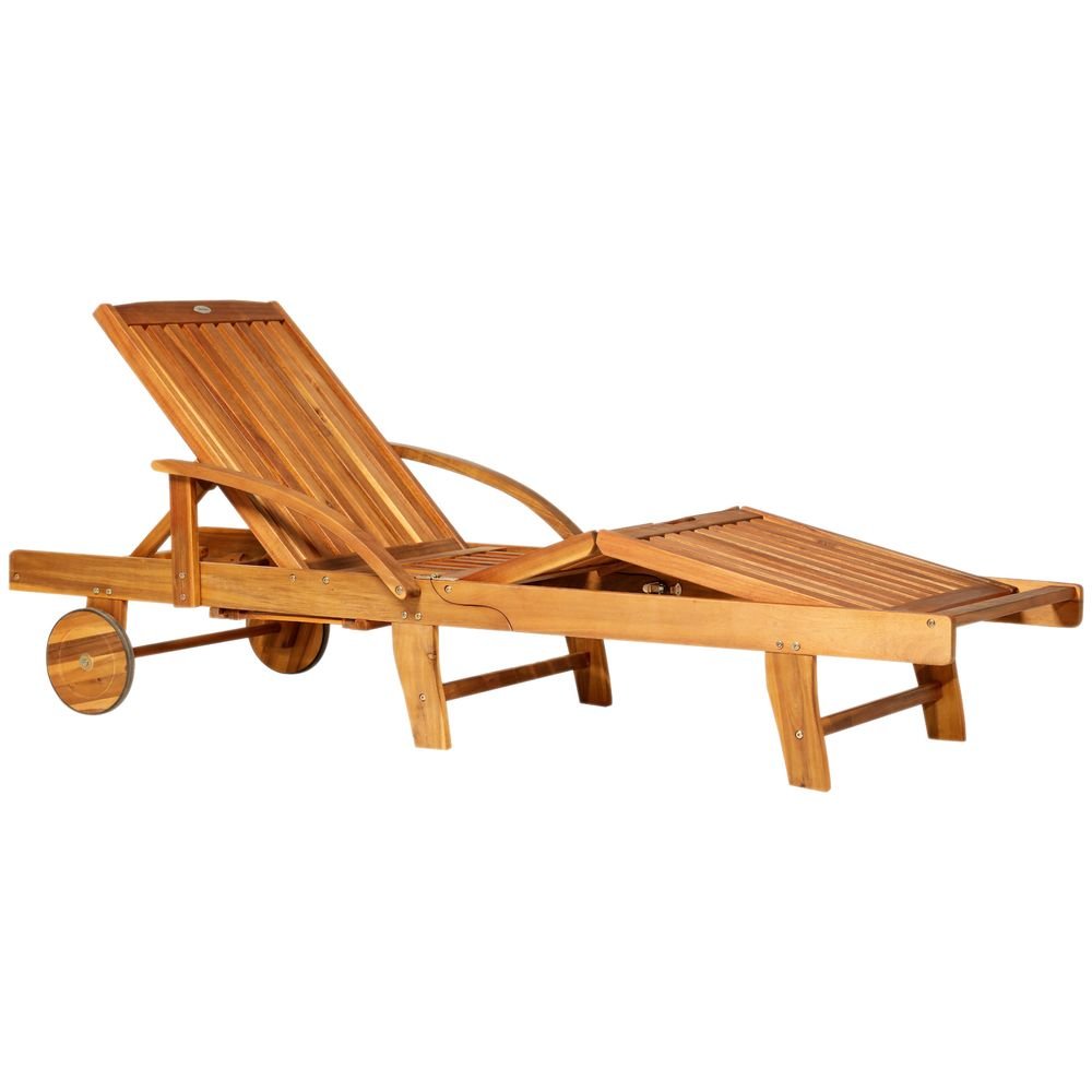 Garden Wood Sun Bed Lounger Chaise Recliner Adjustable Back Footrest w/ Wheels - SILVIONIX