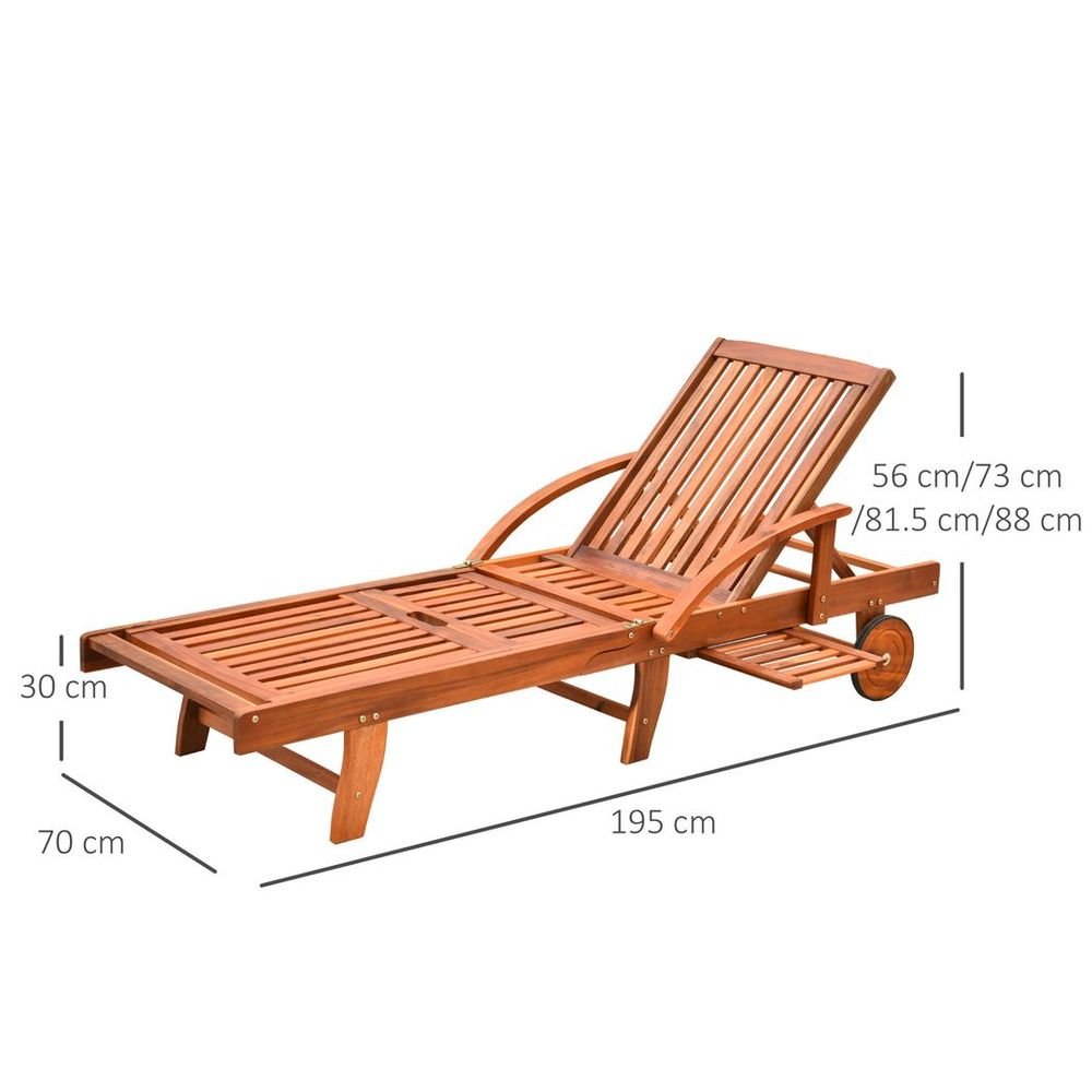 Garden Wood Sun Bed Lounger Chaise Recliner Adjustable Back Footrest w/ Wheels - SILVIONIX