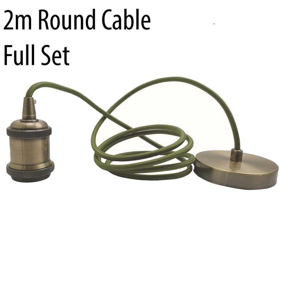 Green Brass Vintage Metal Ceiling Light Fitting Army Green Round Braided Flex 2m E27 Lamp Holder - SILVIONIX