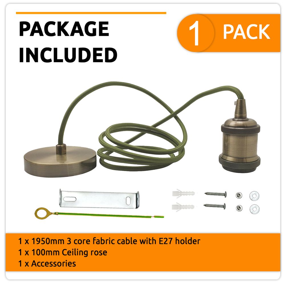 Green Brass Vintage Metal Ceiling Light Fitting Army Green Round Braided Flex 2m E27 Lamp Holder - SILVIONIX