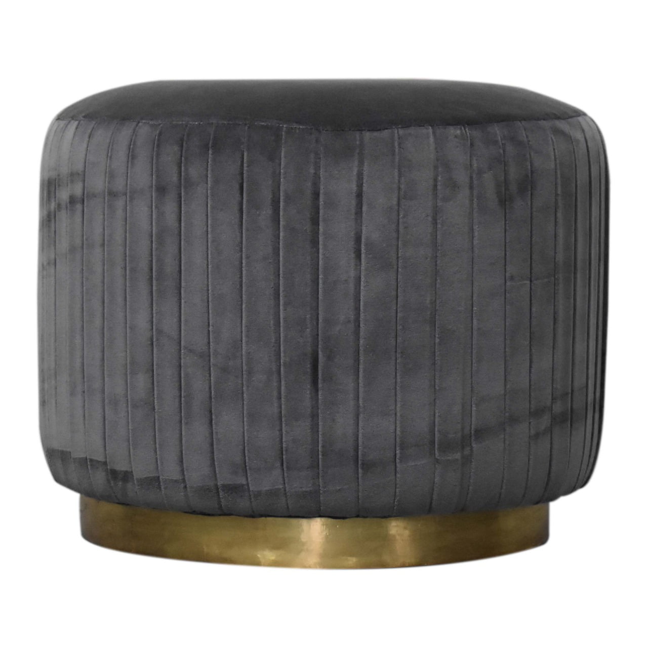 Grey Cotton Velvet Pleated Footstool with Gold Base - SILVIONIX