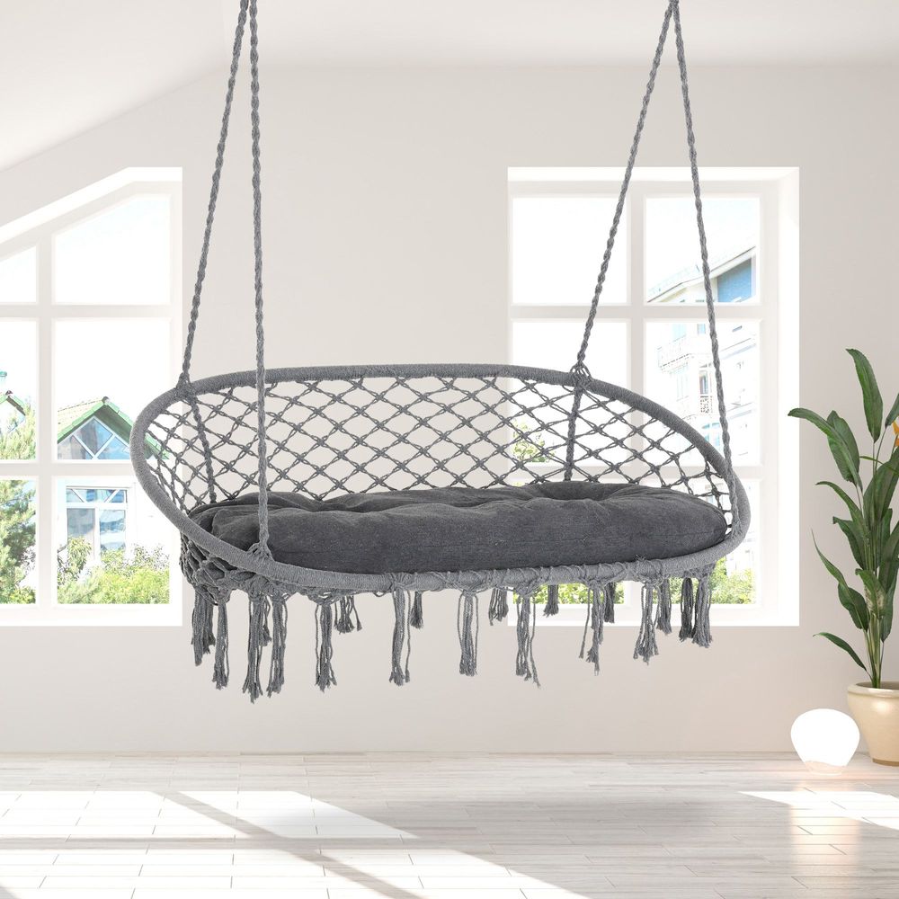 Hanging Hammock Chair Cotton Rope Swing & Metal Frame Large Macrame, Dark Grey - SILVIONIX