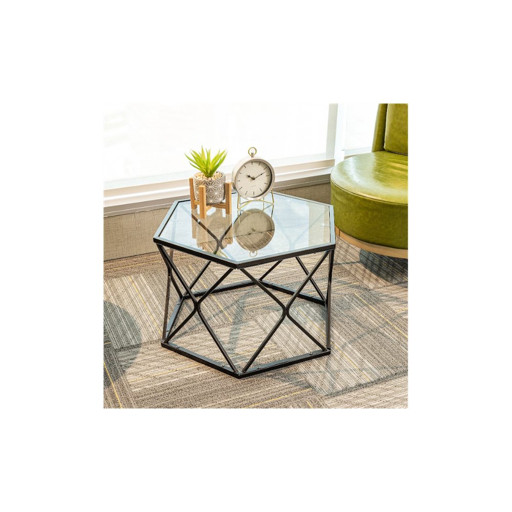 Hexagon Tempered Glass Black Coffee Side Table (Big) - SLENDER - SILVIONIX