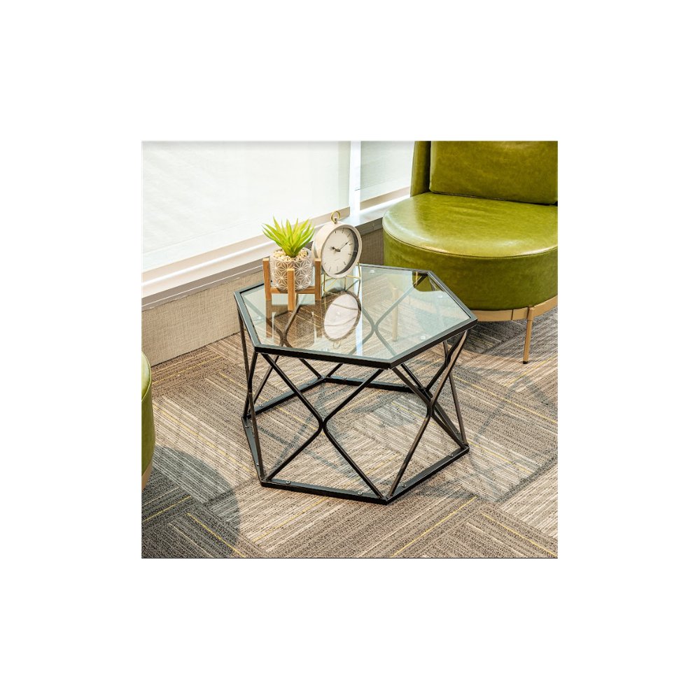 Hexagon Tempered Glass Black Coffee Side Table (Big) - SLENDER - SILVIONIX