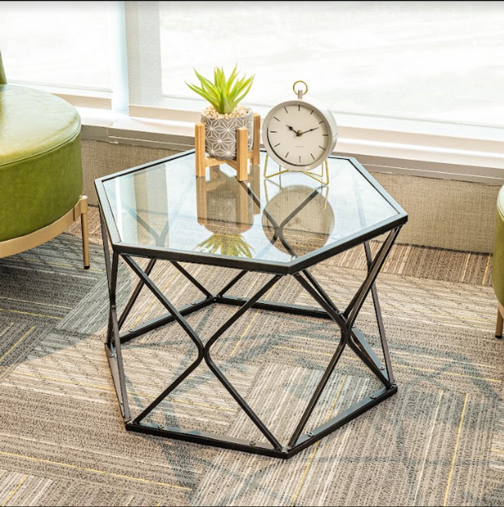 Hexagon Tempered Glass Black Coffee Side Table (Big) - SLENDER - SILVIONIX