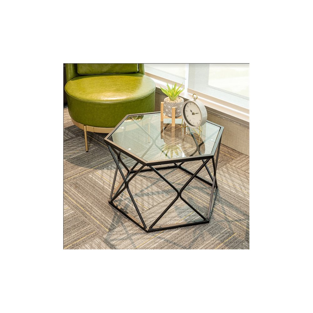 Hexagon Tempered Glass Black Coffee Side Table (Big) - SLENDER - SILVIONIX