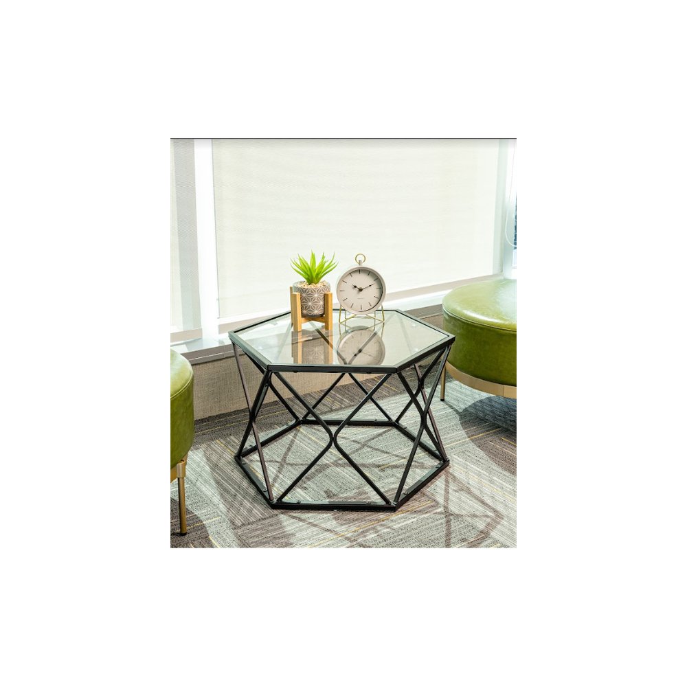 Hexagon Tempered Glass Black Coffee Side Table (Big) - SLENDER - SILVIONIX