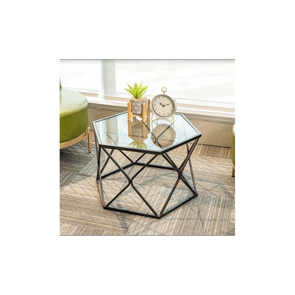 Hexagon Tempered Glass Black Coffee Side Table (Big) - SLENDER - SILVIONIX