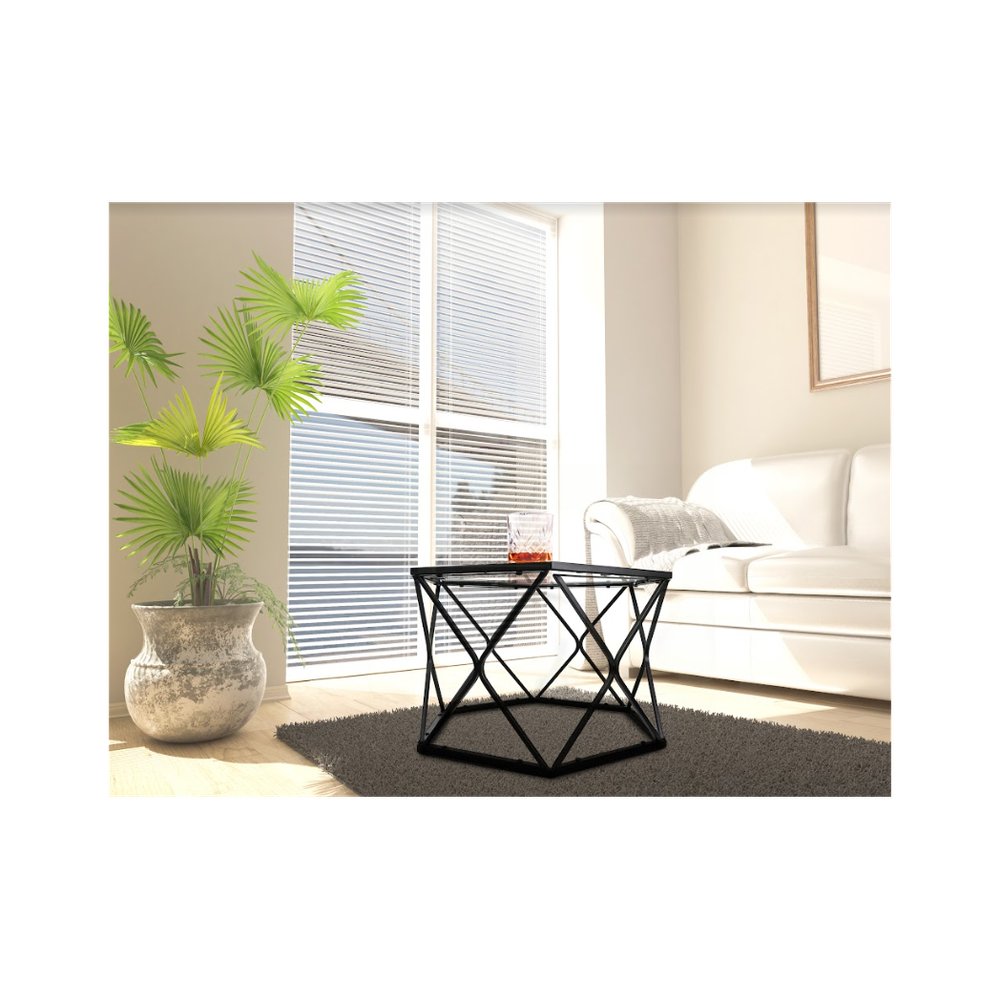 Hexagon Tempered Glass Black Coffee Side Table (Big) - SLENDER - SILVIONIX