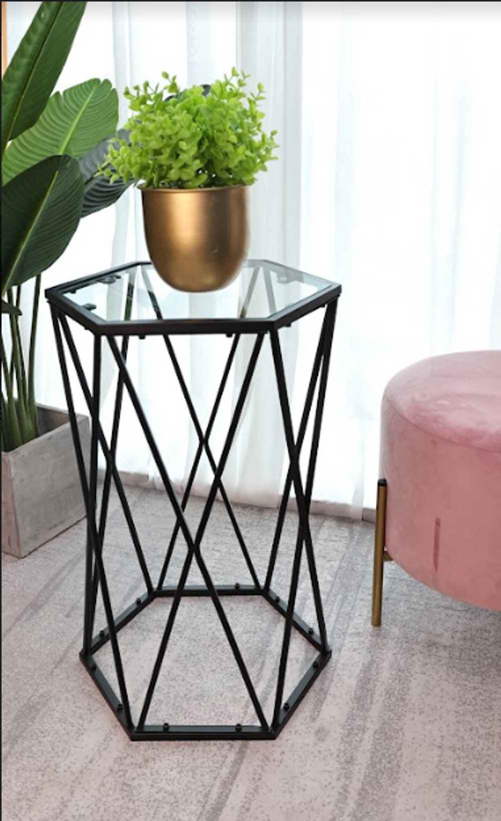 Hexagon Tempered Glass Black Side Table (Small) - SLENDER - SILVIONIX