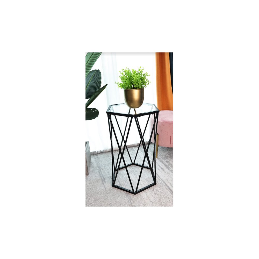 Hexagon Tempered Glass Black Side Table (Small) - SLENDER - SILVIONIX