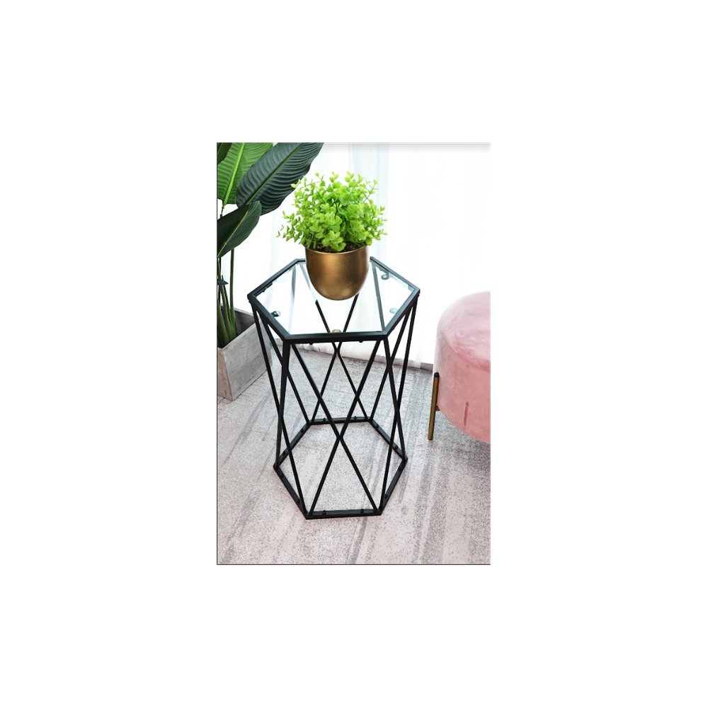 Hexagon Tempered Glass Black Side Table (Small) - SLENDER - SILVIONIX