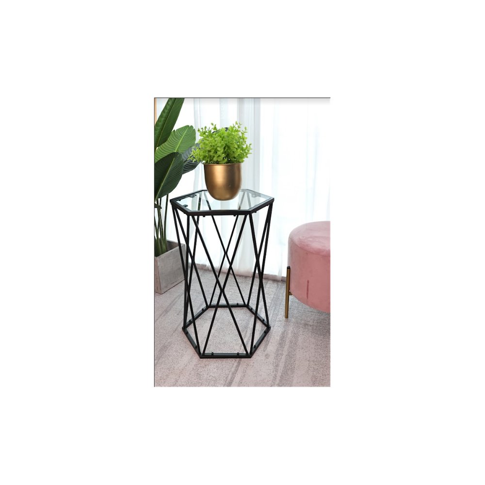 Hexagon Tempered Glass Black Side Table (Small) - SLENDER - SILVIONIX