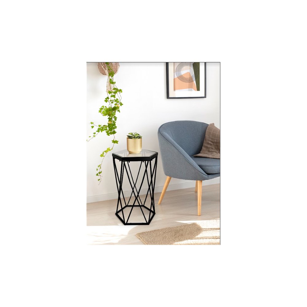 Hexagon Tempered Glass Black Side Table (Small) - SLENDER - SILVIONIX