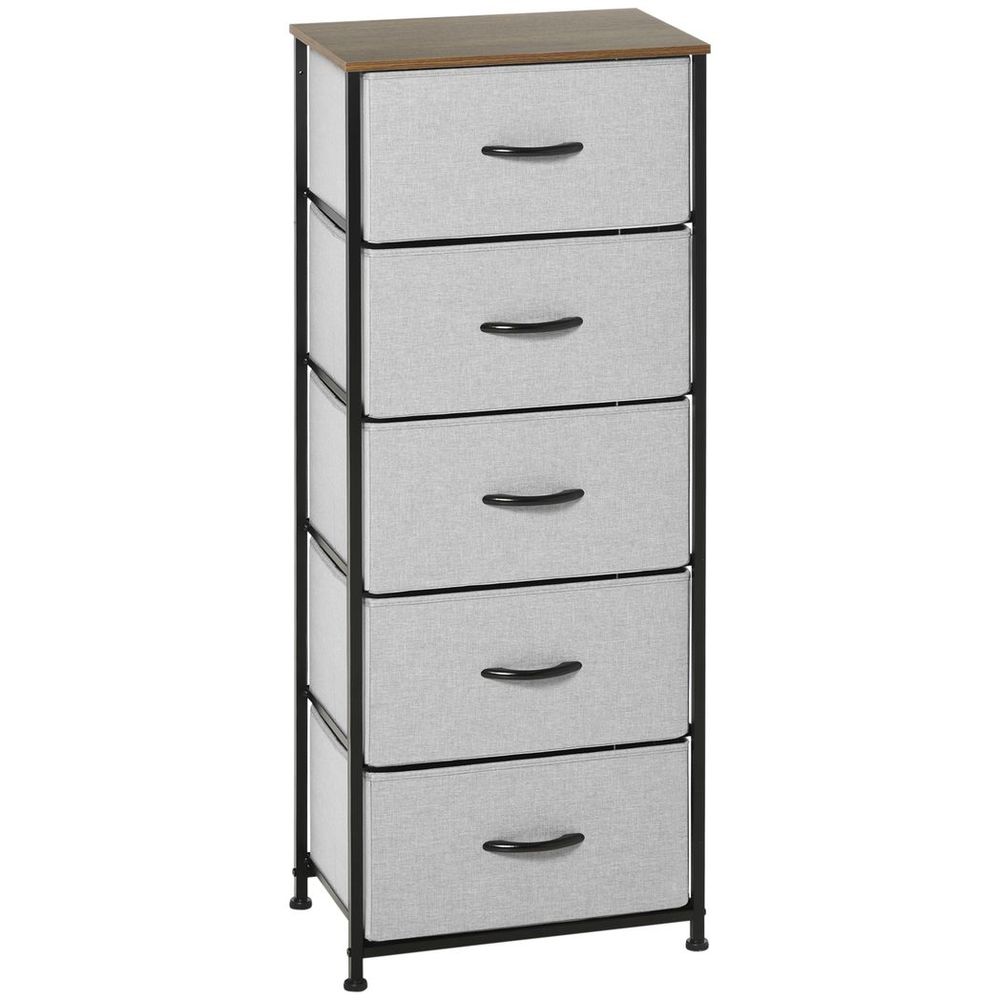 HOMCOM 5 Drawer Fabric Chest of Drawers w/ Wooden Top for Closet Hallway Grey - SILVIONIX