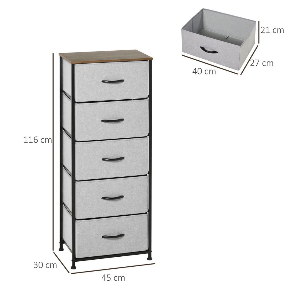 HOMCOM 5 Drawer Fabric Chest of Drawers w/ Wooden Top for Closet Hallway Grey - SILVIONIX