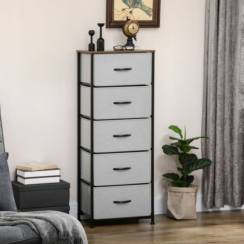 HOMCOM 5 Drawer Fabric Chest of Drawers w/ Wooden Top for Closet Hallway Grey - SILVIONIX