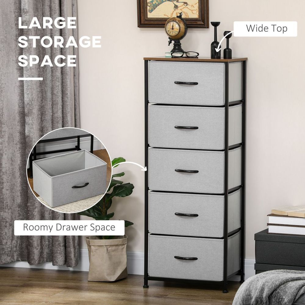 HOMCOM 5 Drawer Fabric Chest of Drawers w/ Wooden Top for Closet Hallway Grey - SILVIONIX