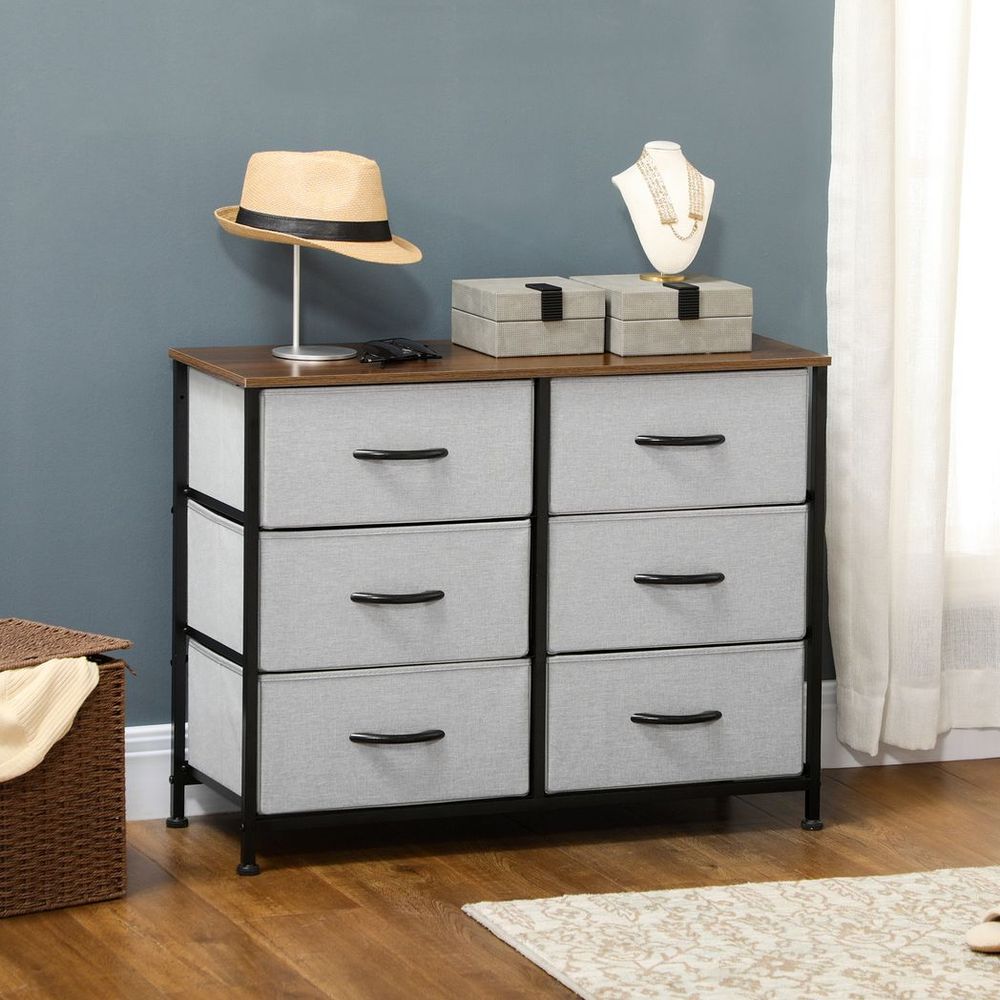 HOMCOM 6 Drawer Fabric Chest of Drawers w/ Wooden Top for Closet Hallway Grey - SILVIONIX