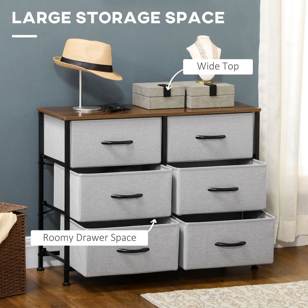 HOMCOM 6 Drawer Fabric Chest of Drawers w/ Wooden Top for Closet Hallway Grey - SILVIONIX