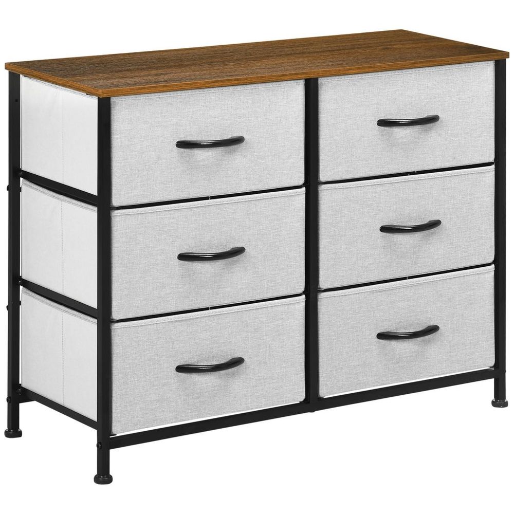 HOMCOM 6 Drawer Fabric Chest of Drawers w/ Wooden Top for Closet Hallway Grey - SILVIONIX