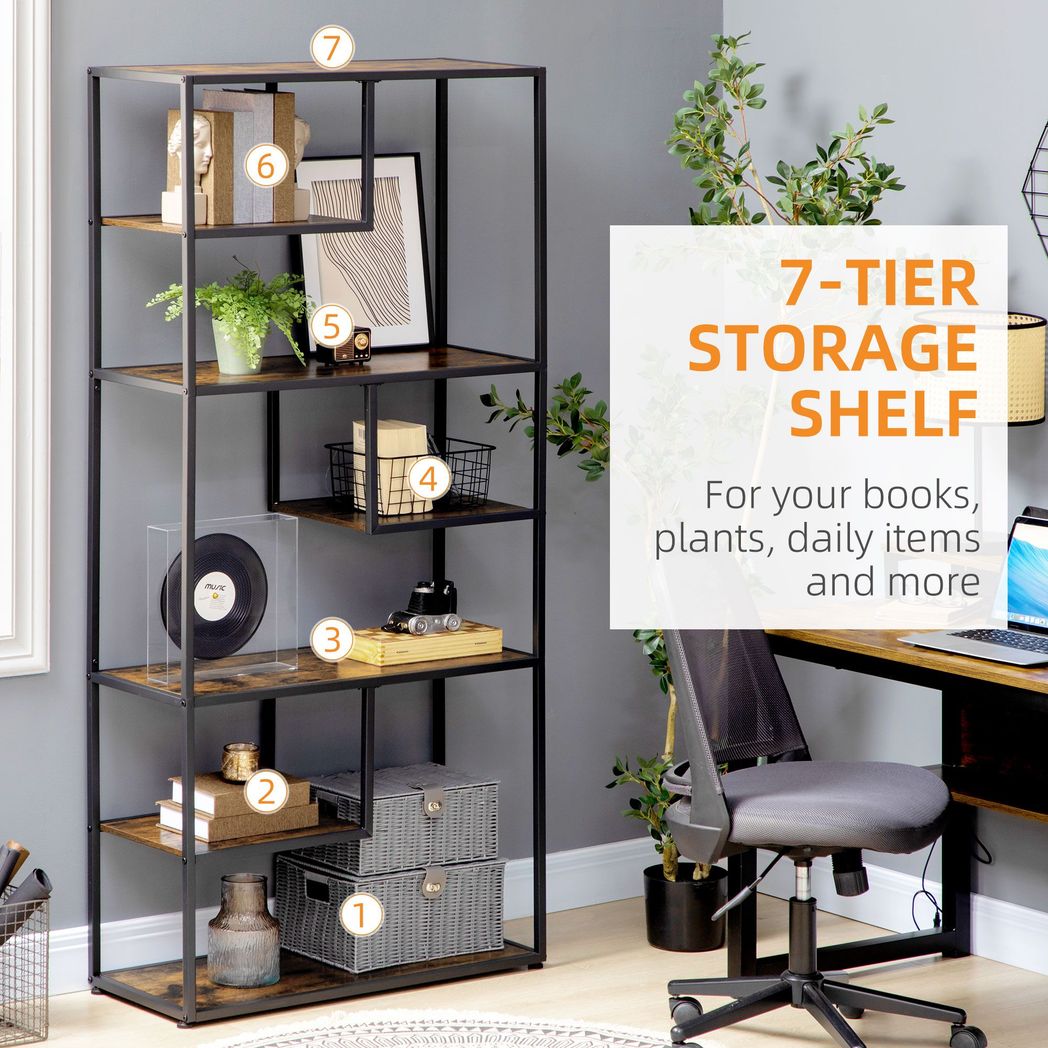 HOMCOM 7 Tier Storage Shelves, Free Standing Book Shelf for Study, Living Room - SILVIONIX